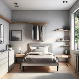 A small room cleverly designed with a modern and cool vibe, featuring a bed, a desk, and a closet all fitting perfectly without overcrowding.