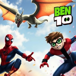A realistic image featuring Spider-Man on the left side, a dragon flying above, and Ben 10 on the right side