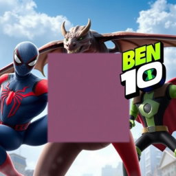A realistic image featuring Spider-Man on the left side, a dragon flying above, and Ben 10 on the right side