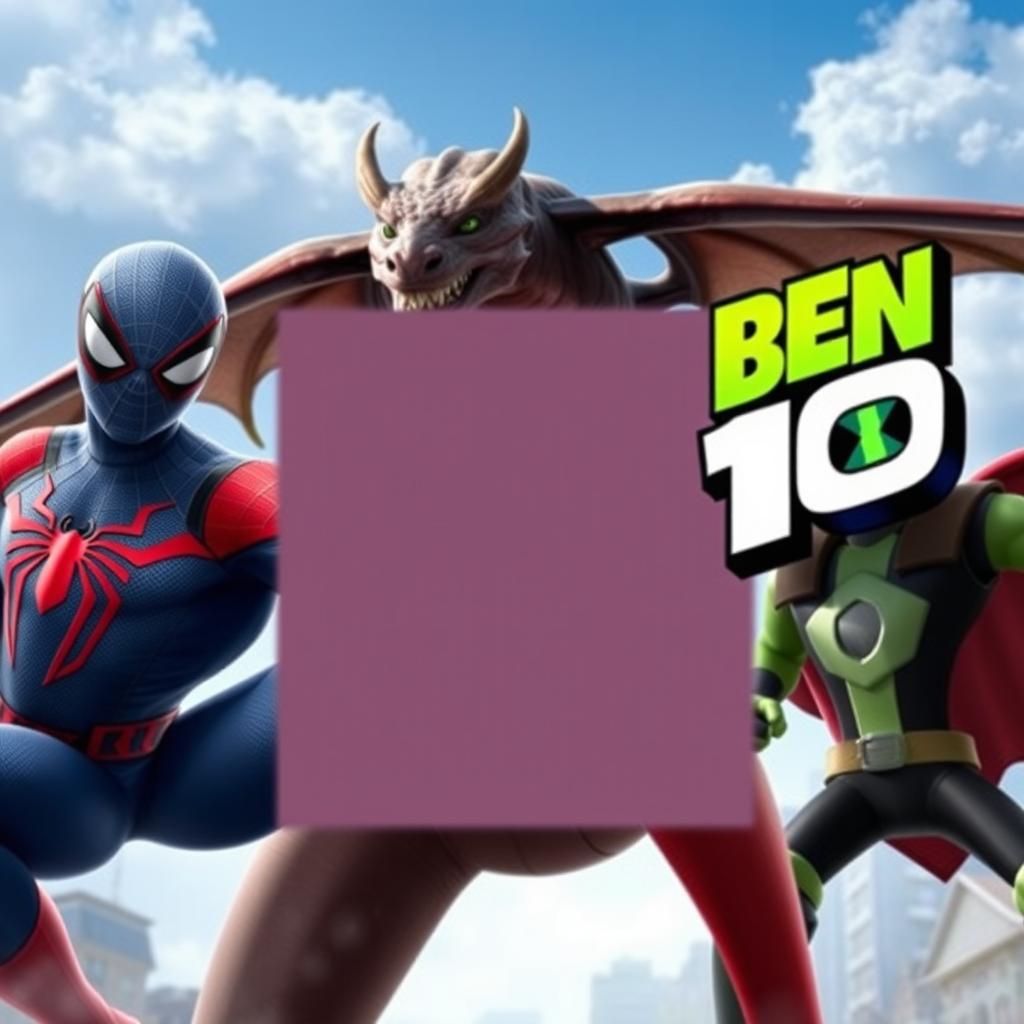 A realistic image featuring Spider-Man on the left side, a dragon flying above, and Ben 10 on the right side