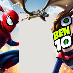 A realistic image featuring Spider-Man on the left side, a dragon flying above, and Ben 10 on the right side