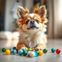 A delightful scene featuring a playful Chihuahua-Pomeranian mix dog with fluffy fur and a cheerful expression, interacting with a group of small, colorful marbles scattered around