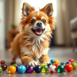 A delightful scene featuring a playful Chihuahua-Pomeranian mix dog with fluffy fur and a cheerful expression, interacting with a group of small, colorful marbles scattered around