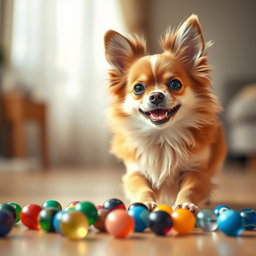 A delightful scene featuring a playful Chihuahua-Pomeranian mix dog with fluffy fur and a cheerful expression, interacting with a group of small, colorful marbles scattered around