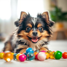 A delightful scene featuring a playful Chihuahua-Pomeranian mix dog with fluffy fur and a cheerful expression, interacting with a group of small, colorful marbles scattered around