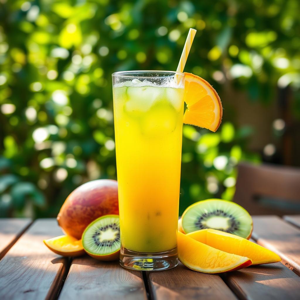 A refreshing fizzy drink made from kiwi, lemon, and mango, beautifully presented in a tall glass