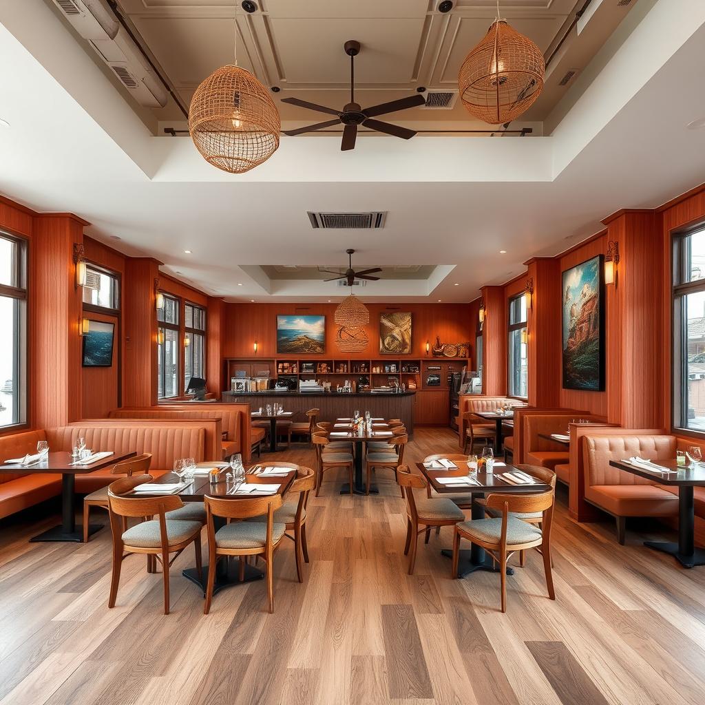 An inviting seafood restaurant interior designed with Wood Plastic Composite (WPC) materials, featuring stunning wall paneling and flooring that highlights durability and moisture resistance