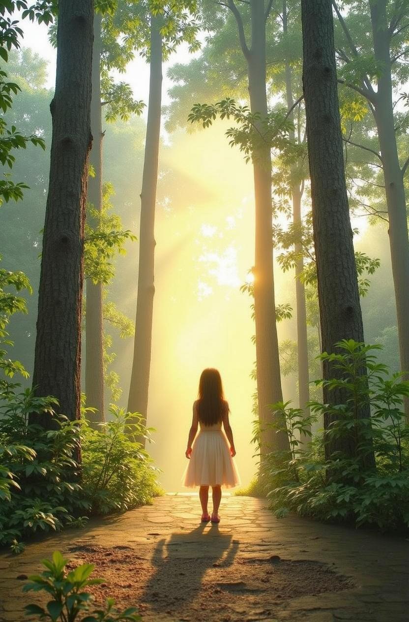 An enchanting forest scene featuring a young girl in a flowing dress, standing on a stone pathway surrounded by towering trees and lush greenery
