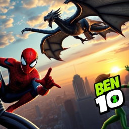A realistic image featuring Spider-Man on the left side of the frame, a dragon flying above in a dramatic pose, and Ben 10 on the right side of the image