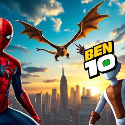 A realistic image featuring Spider-Man on the left side of the frame, a dragon flying above in a dramatic pose, and Ben 10 on the right side of the image