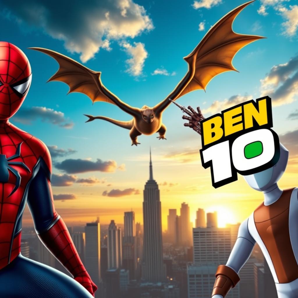 A realistic image featuring Spider-Man on the left side of the frame, a dragon flying above in a dramatic pose, and Ben 10 on the right side of the image