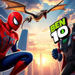 A realistic image featuring Spider-Man on the left side of the frame, a dragon flying above in a dramatic pose, and Ben 10 on the right side of the image