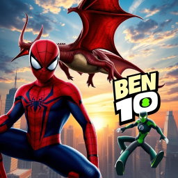 A realistic image featuring Spider-Man on the left side of the frame, a dragon flying above in a dramatic pose, and Ben 10 on the right side of the image