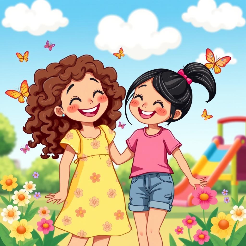 A cheerful and colorful cartoon illustration of two elementary school girl friends, smiling and laughing together in a sunny playground setting