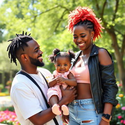 A joyful scene featuring KSI and Ice Spice with a cute, cheerful black baby girl in a sunny park