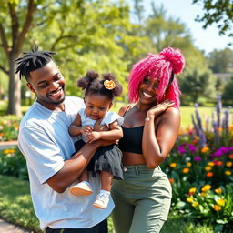 A joyful scene featuring KSI and Ice Spice with a cute, cheerful black baby girl in a sunny park