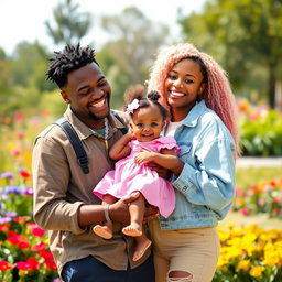 A joyful scene featuring KSI and Ice Spice with a cute, cheerful black baby girl in a sunny park