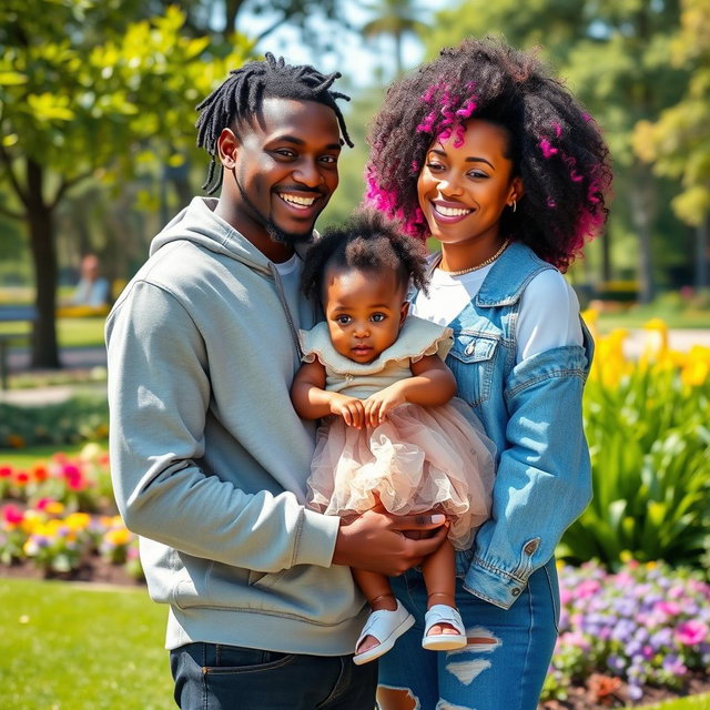 A joyful scene featuring KSI and Ice Spice with a cute, cheerful black baby girl in a sunny park