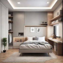 A small room cleverly designed with a modern and cool vibe, featuring a bed, a desk, and a closet all fitting perfectly without overcrowding.