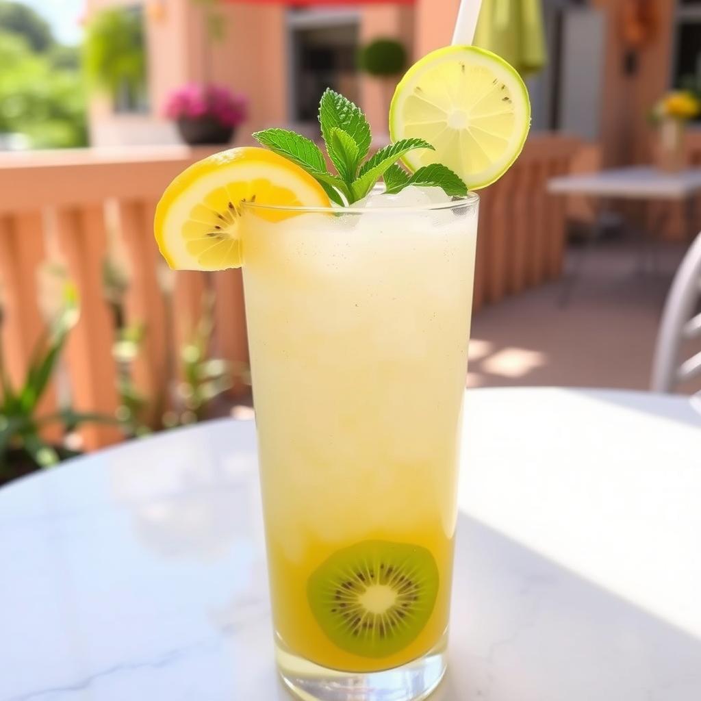 A refreshing fizzy juice drink made from kiwi, lemon, and mango, served in a tall glass filled with crushed ice