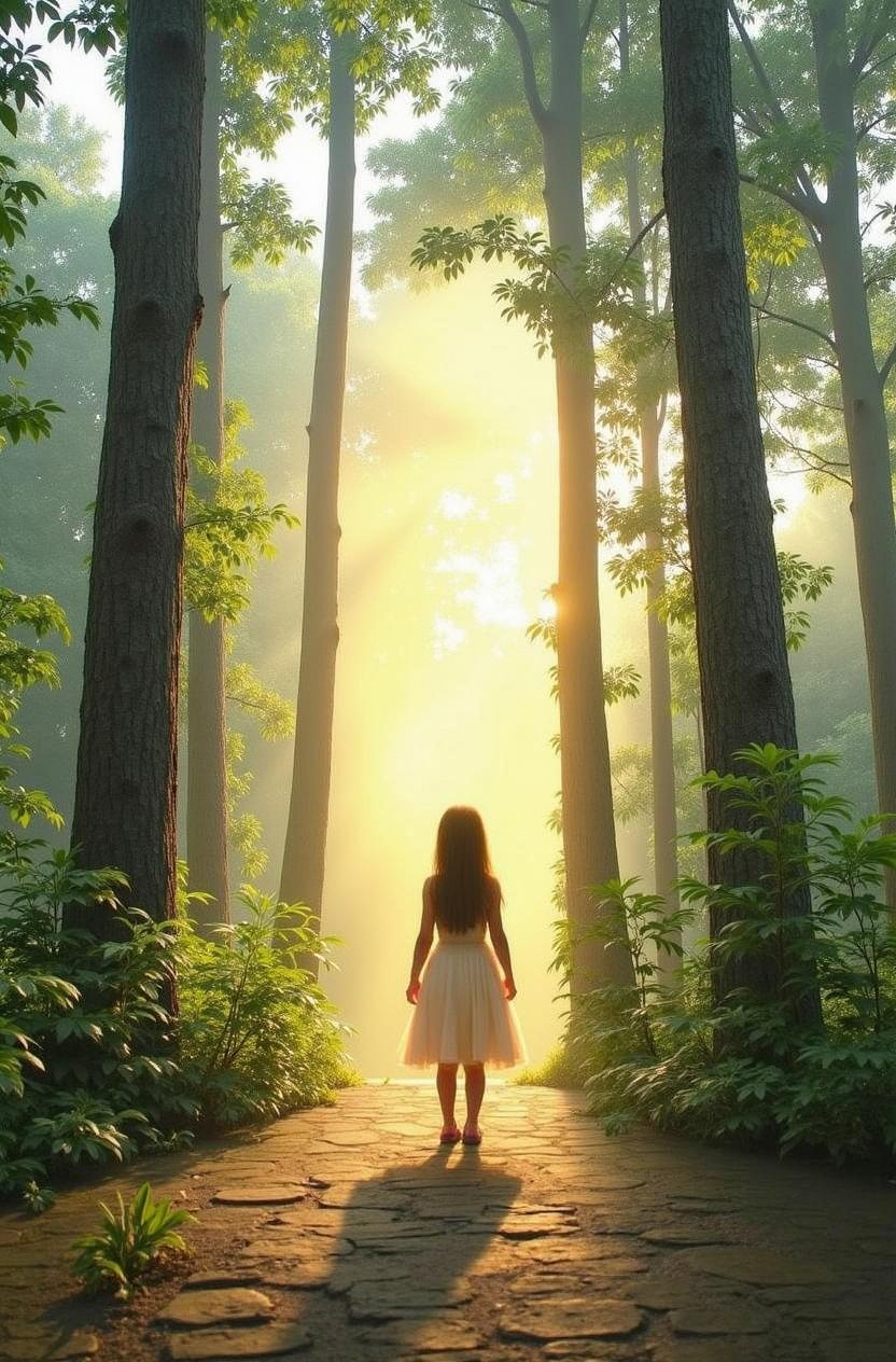 An enchanting forest scene featuring a young girl in a flowing white dress, standing on a stone pathway surrounded by towering trees and lush greenery