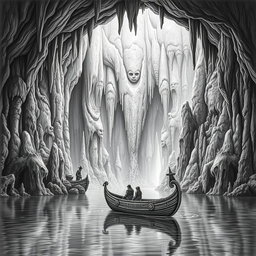 A highly detailed black and white drawing of a gigantic underground cave featuring a vast underground lake, surrounded by towering stalactites and stalagmites