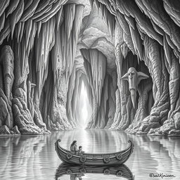 A highly detailed black and white drawing of a gigantic underground cave featuring a vast underground lake, surrounded by towering stalactites and stalagmites