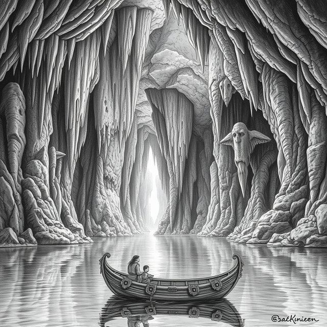 A highly detailed black and white drawing of a gigantic underground cave featuring a vast underground lake, surrounded by towering stalactites and stalagmites