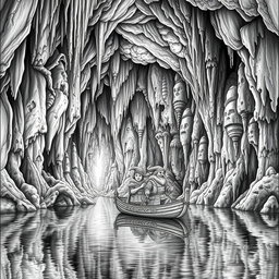 A highly detailed black and white drawing of a gigantic underground cave featuring a vast underground lake, surrounded by towering stalactites and stalagmites