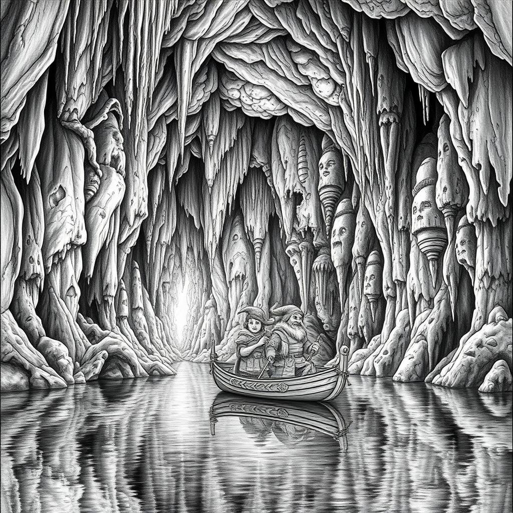 A highly detailed black and white drawing of a gigantic underground cave featuring a vast underground lake, surrounded by towering stalactites and stalagmites