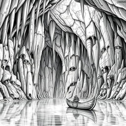 A highly detailed black and white drawing of a gigantic underground cave featuring a vast underground lake, surrounded by towering stalactites and stalagmites