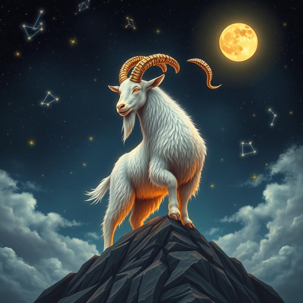 A mystical Capricorn spirit depicted as a majestic goat with shimmering fur, standing atop a rocky peak under a starry night sky