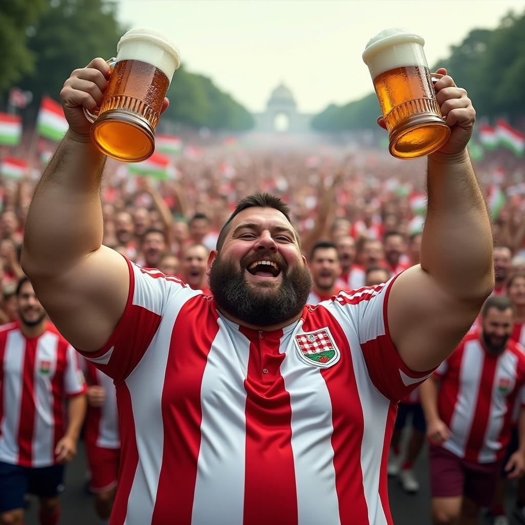 A very large giant, thickly muscled powerlifter type, confidently holding two super large drinking steins of beer above his head while wearing a red and white striped Hungarian soccer jersey