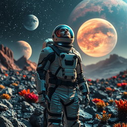 A man in a high-tech spacesuit standing on a rocky alien landscape, extraordinary planets visible in the night sky