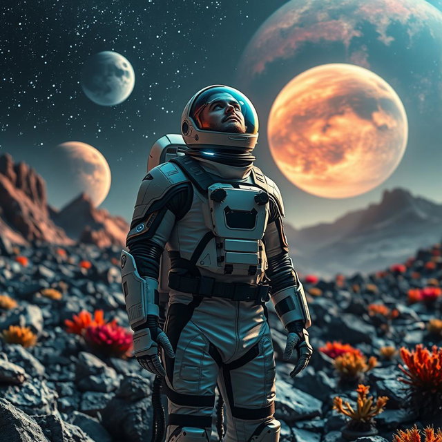 A man in a high-tech spacesuit standing on a rocky alien landscape, extraordinary planets visible in the night sky