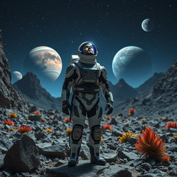 A man in a high-tech spacesuit standing on a rocky alien landscape, extraordinary planets visible in the night sky