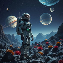 A man in a high-tech spacesuit standing on a rocky alien landscape, extraordinary planets visible in the night sky