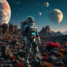 A man in a high-tech spacesuit standing on a rocky alien landscape, extraordinary planets visible in the night sky