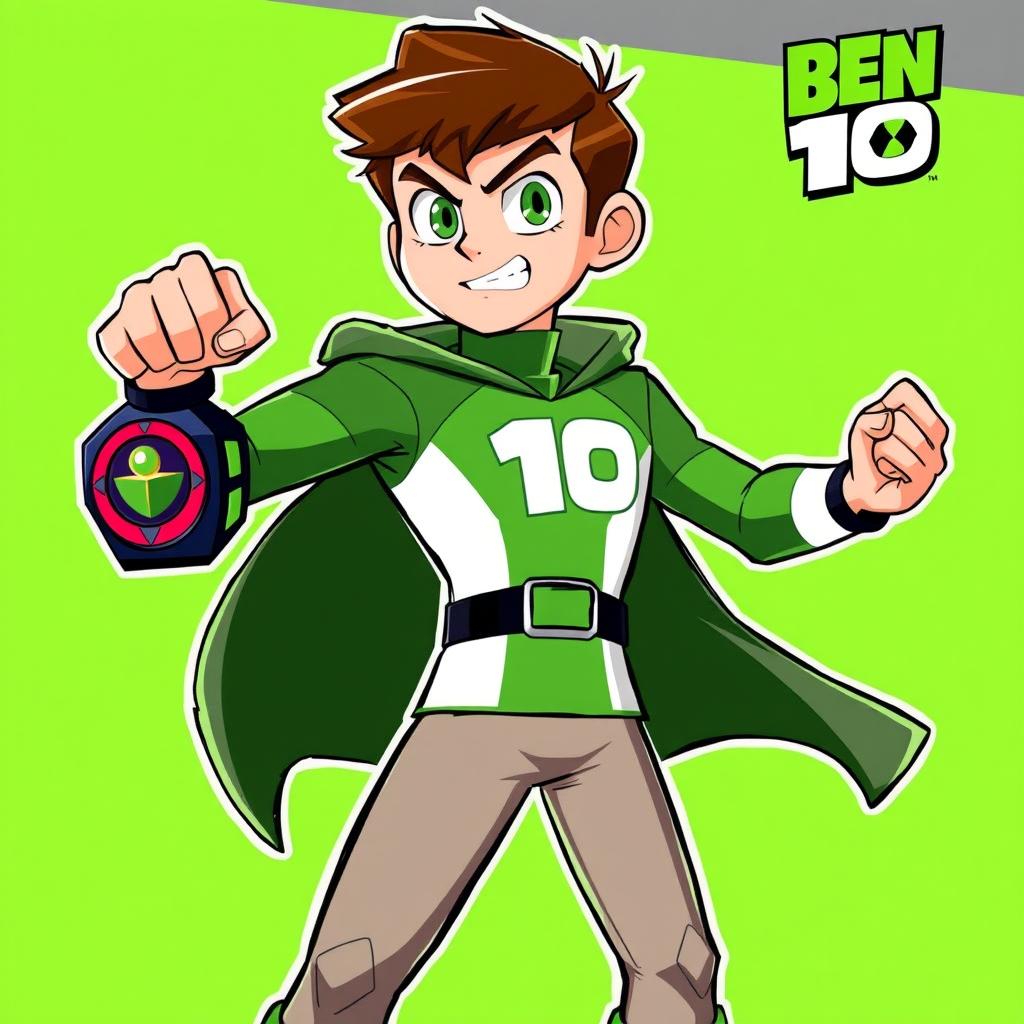 A vibrant illustration of Ben 10, the iconic green-clad superhero, showcasing his Omnitrix device prominently on his wrist