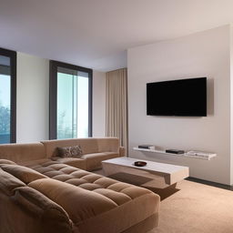 A comfortable, modern living room with a plush sofa facing a sleek, wall-mounted flat screen TV.