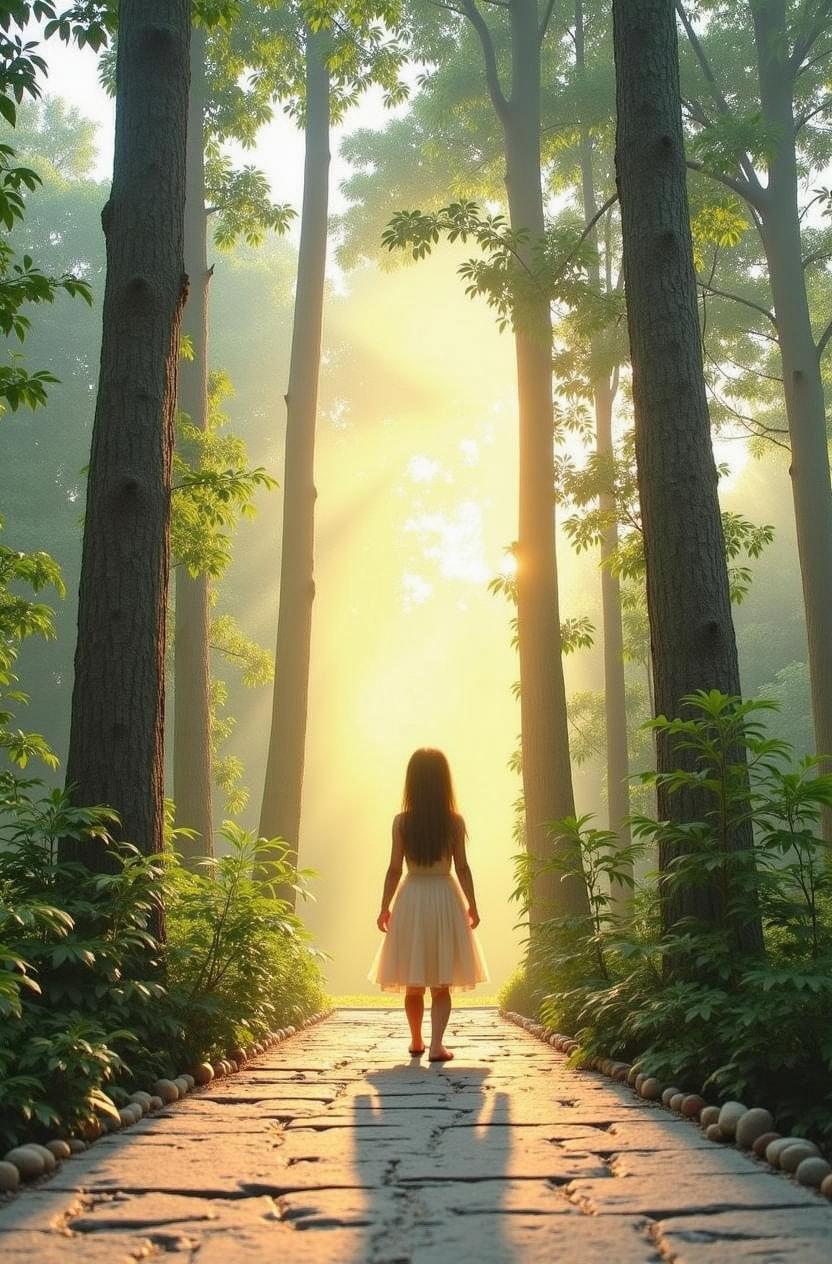 An enchanting forest scene featuring a young girl in a flowing white dress, standing on a stone pathway surrounded by towering trees and lush greenery