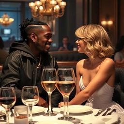 A romantic scene depicting Travis Scott and Taylor Swift enjoying a cozy date at an upscale restaurant