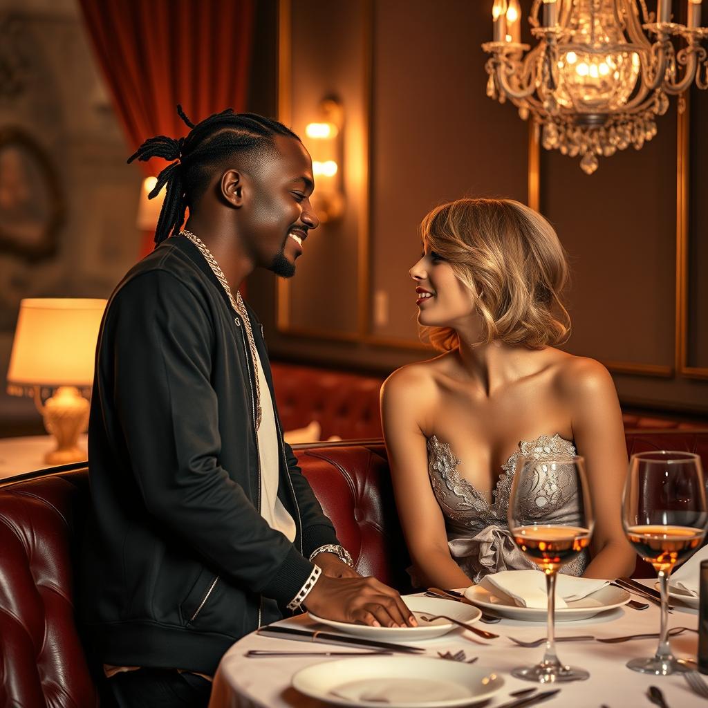 A romantic scene depicting Travis Scott and Taylor Swift enjoying a cozy date at an upscale restaurant