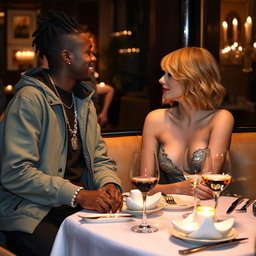 A romantic scene depicting Travis Scott and Taylor Swift enjoying a cozy date at an upscale restaurant