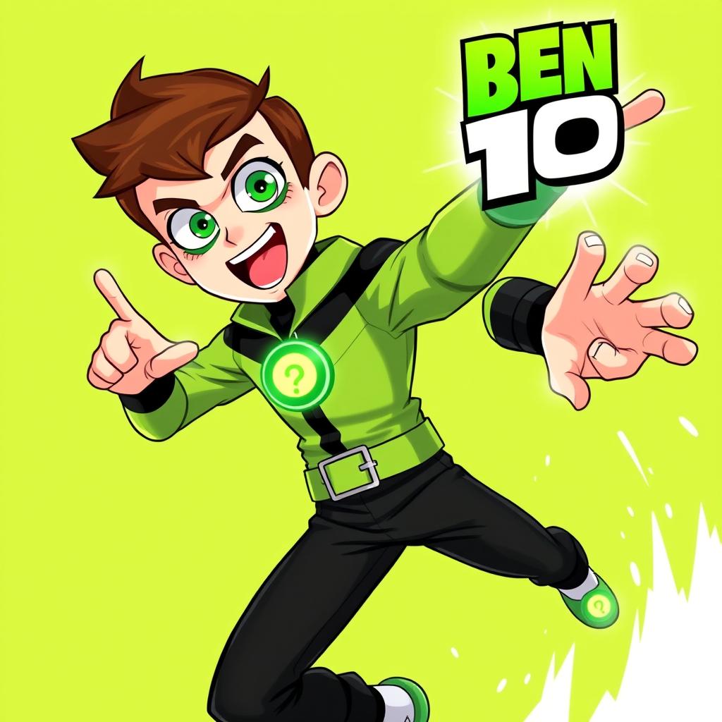A dynamic illustration of Ben 10, animated character, in a vibrant action pose, showcasing his iconic green Omnitrix watch