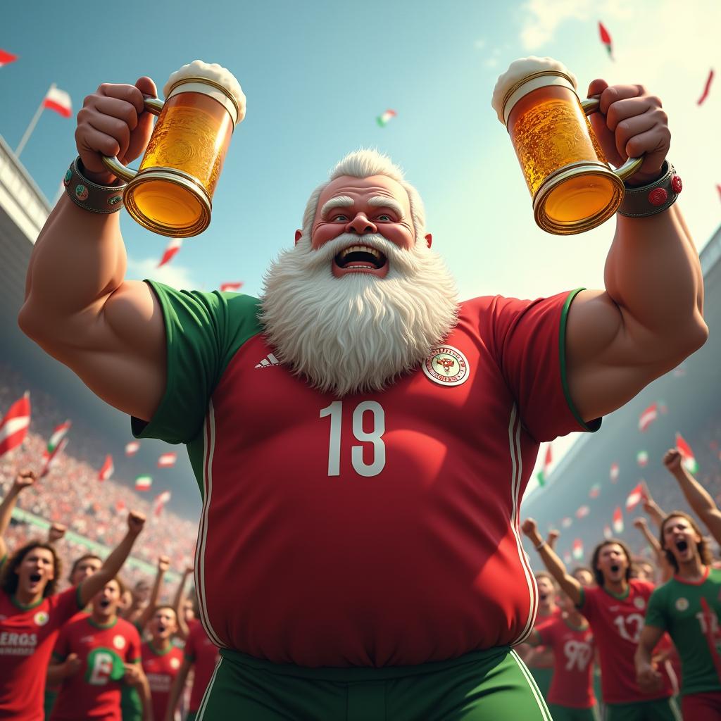 A colossal giant with short white hair and a thick white beard, resembling a powerlifter with heavily muscled physique, joyfully holding two enormous steins of beer