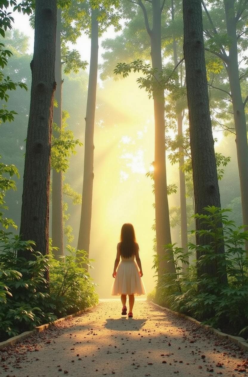 An enchanting forest scene featuring a young girl in a flowing white dress, standing on a beautifully crafted stone pathway