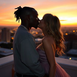 An intimate moment capturing Travis Scott and Taylor Swift sharing a passionate kiss under a dreamy sunset