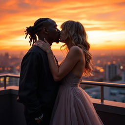 An intimate moment capturing Travis Scott and Taylor Swift sharing a passionate kiss under a dreamy sunset