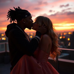 An intimate moment capturing Travis Scott and Taylor Swift sharing a passionate kiss under a dreamy sunset